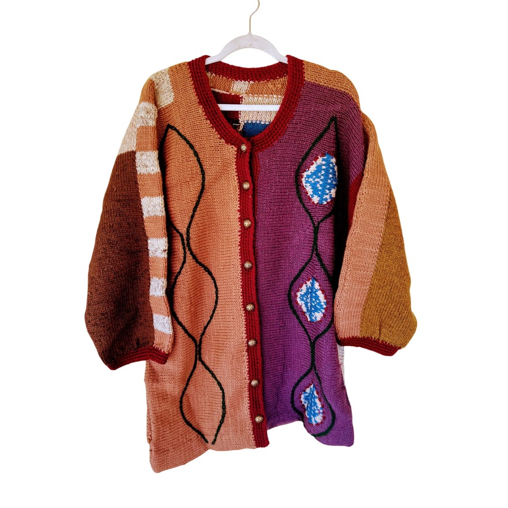 Handmade Cardigan Womens Multicolor Vintage 80s Knit Patchwork Boho Retro